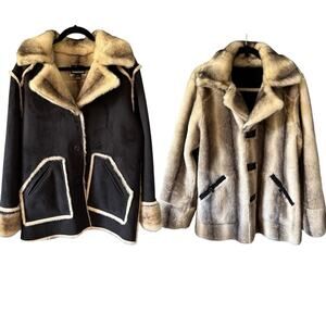Faux Suede Faux Fur coat Reversible- by Dennis Basson, shearling style, Large